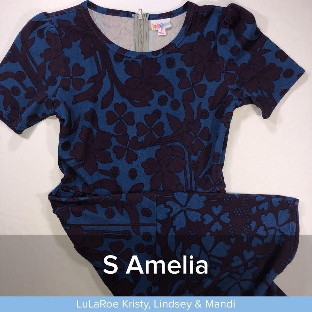 LuLaRoe Amelia Dress with Blue and Dark Purple Floral Pattern